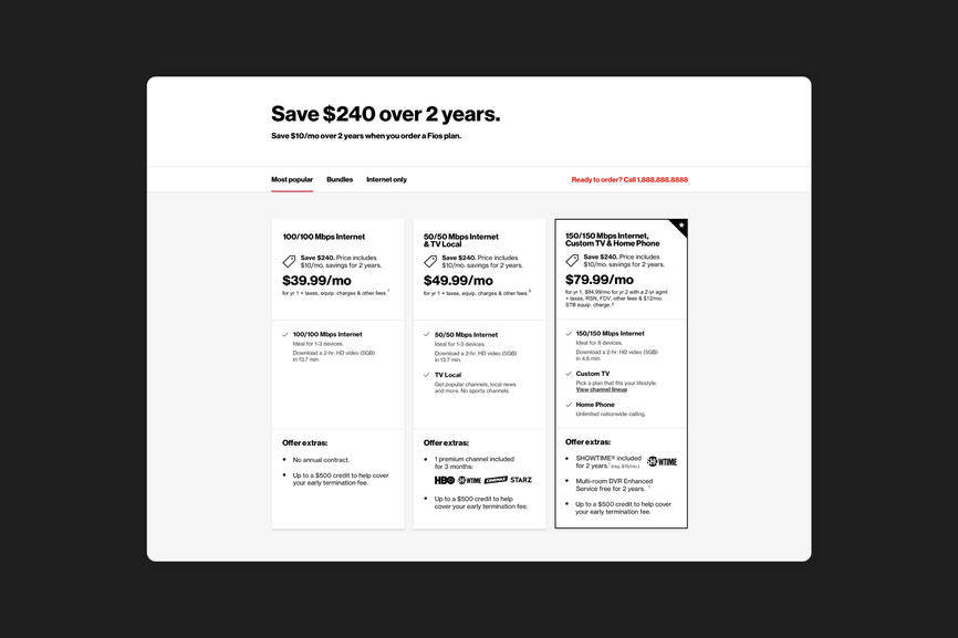 Verizon Fios - Pricing Grid UI UX